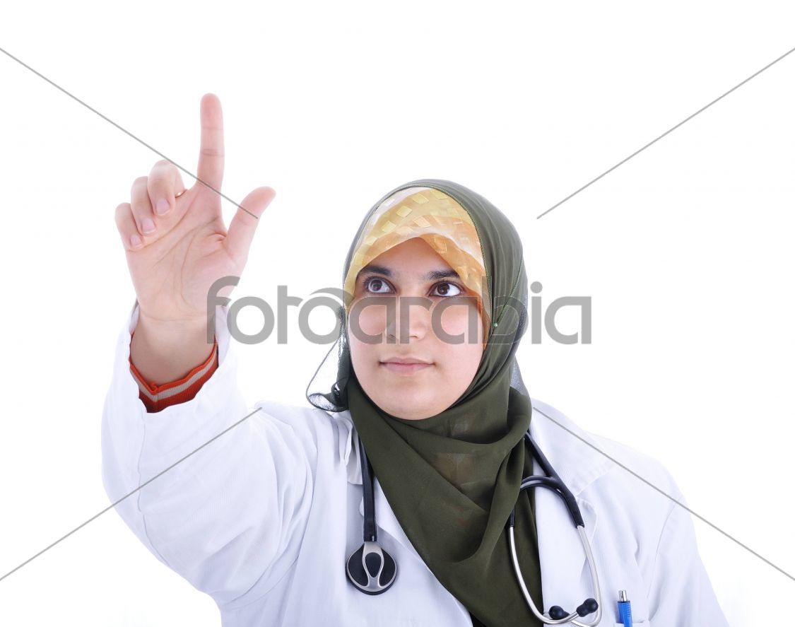 Muslim doctor female pressing digital button isolated