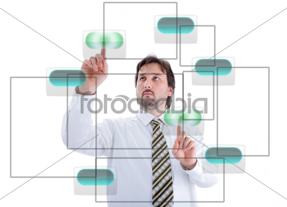 Young male person pressing digital buttons on touchscreen
