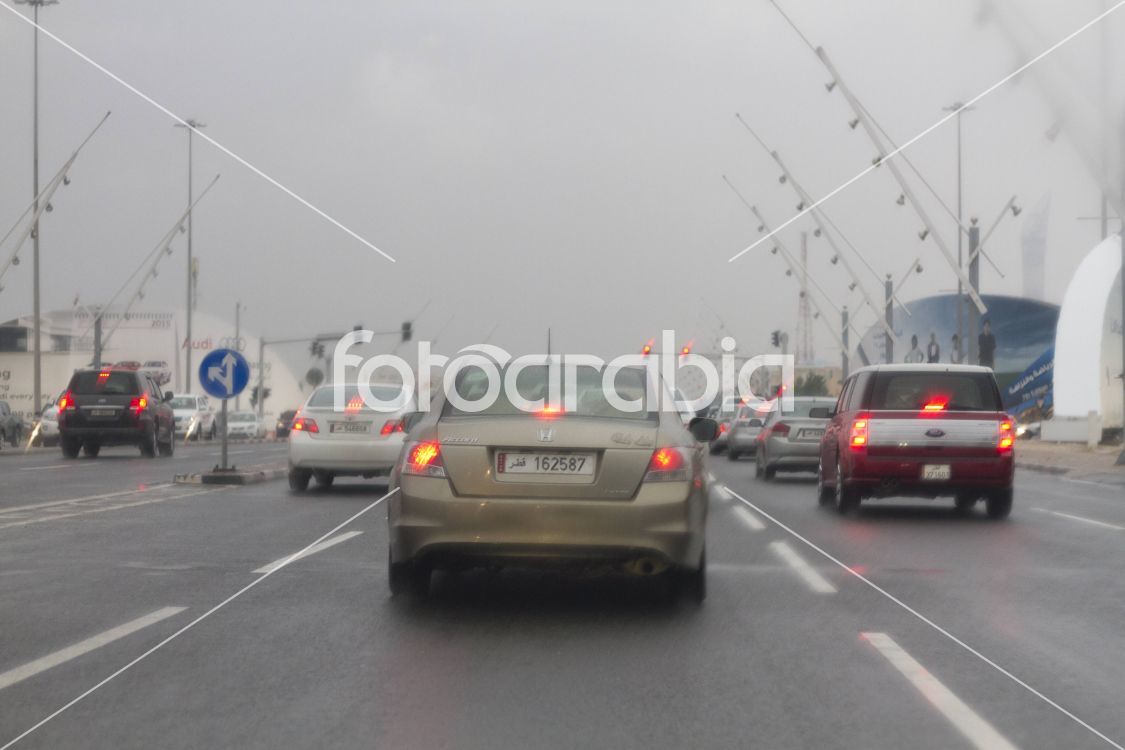 Qatar Doha traffic in the winter rain