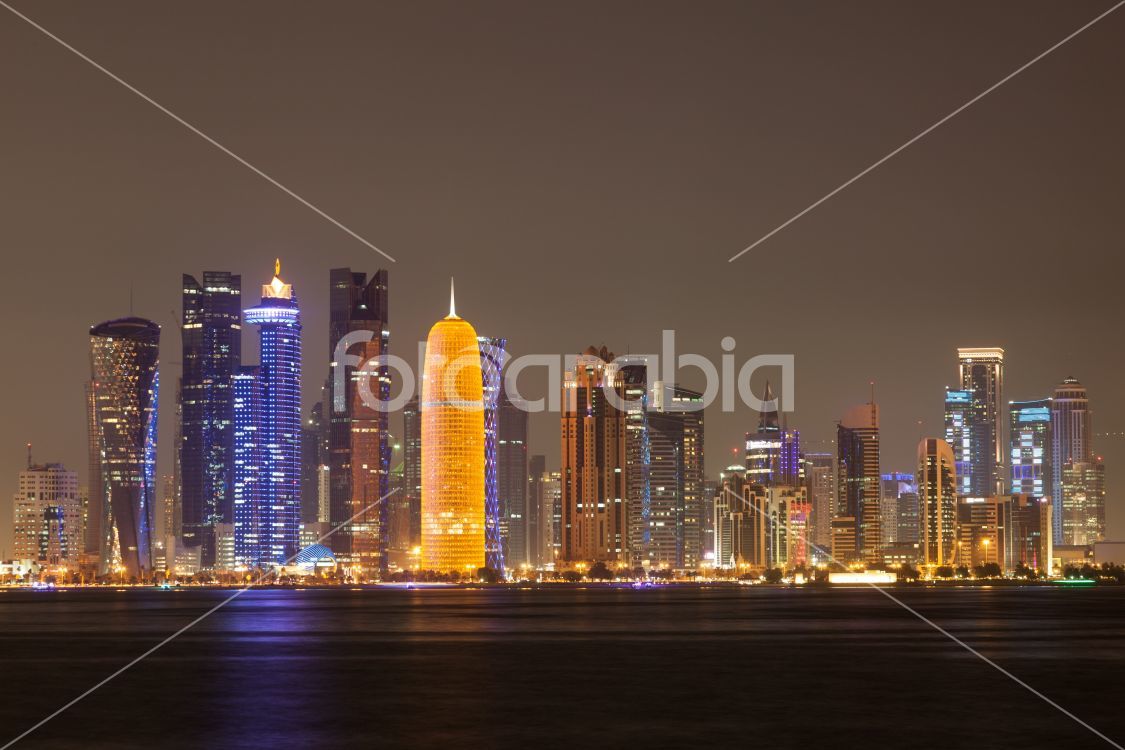 Doha city skyline at night, Qatar