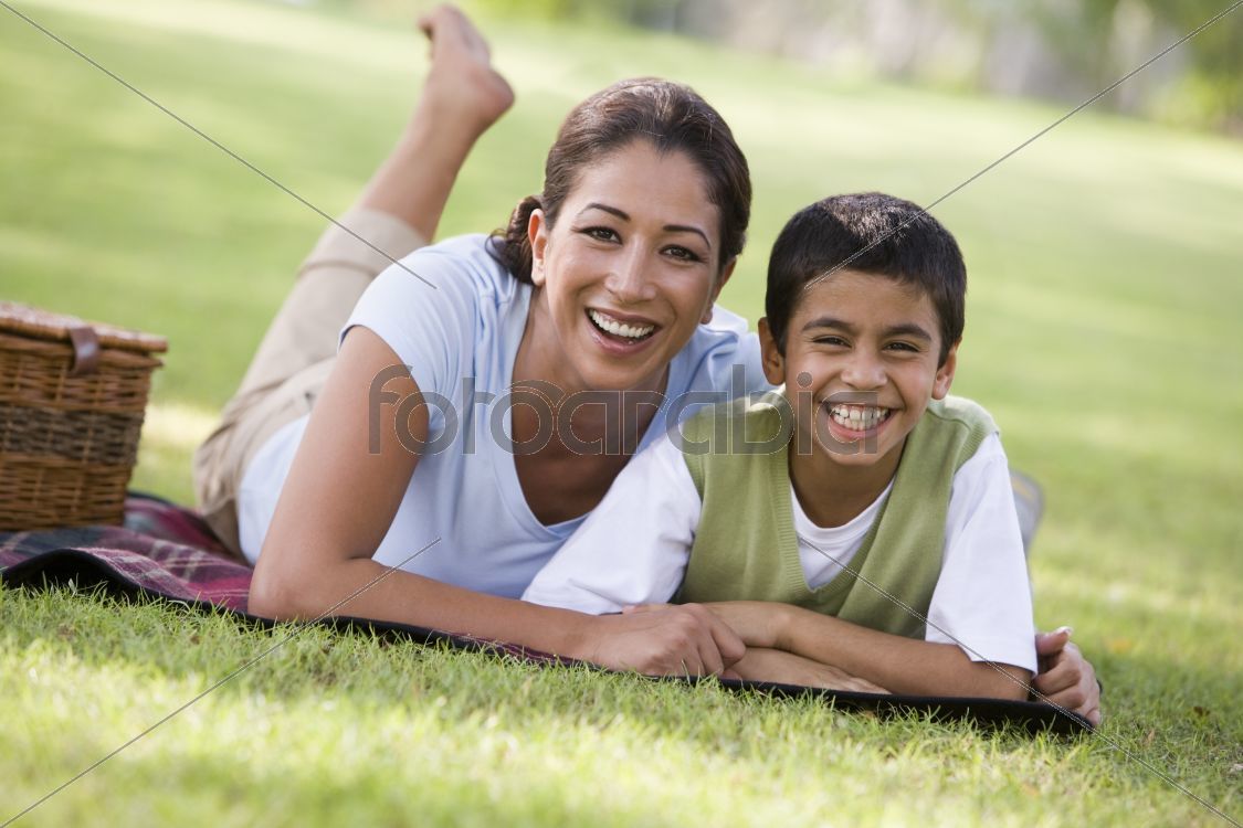 Mother and son having picnic