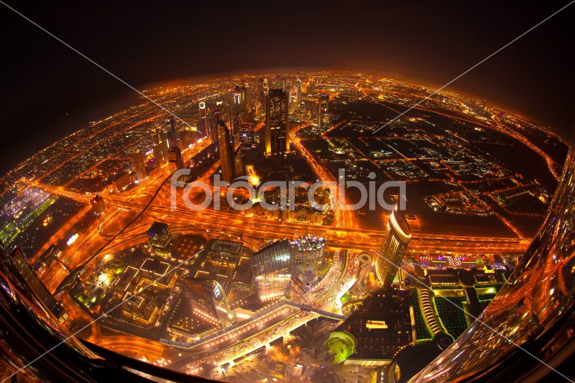 Night view from Burj Khalifa to Dubai city in United Arab Emirates